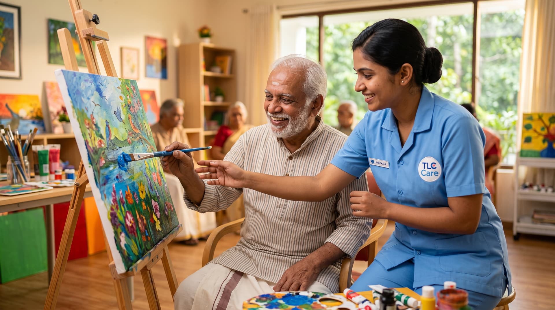 An elderly man smiling while painting at an easel, gently guided by his TLC Care caregiver in a warm, sunlit activity room